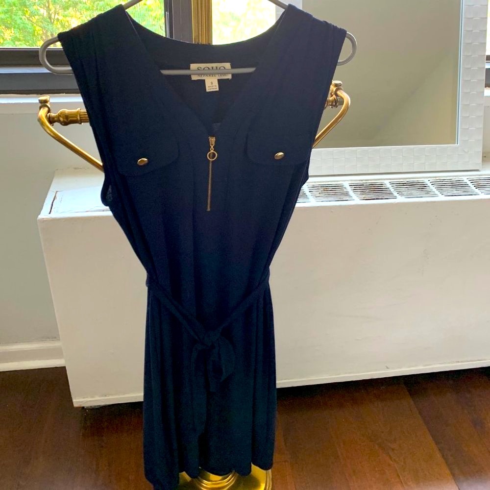 navy blue tie waist dress with gold detailing